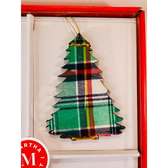 NWT Martha Stewart Holiday Tree Ornament 4 Piece Set Plaid Wooden Christmas Gift - Picture 3 of 7